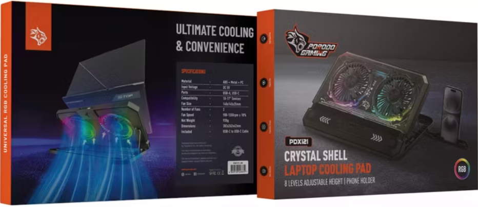 PORODO PDX121 Gaming Crystal Shell Laptop Cooling Pad With 8 Levels Adjustable Height & Phone Holder